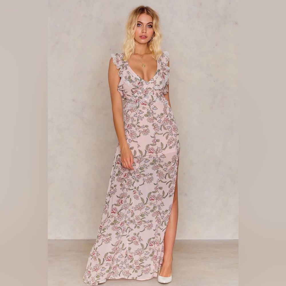 For Love & Lemons Bee Balm Ruffled Maxi Dress Pink Floral Size Small